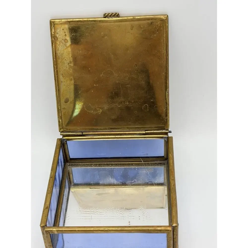 Vtg Via Vermont Stained Glass & Brass Mirrored Sleeping Cats Jewelry Trinket Box